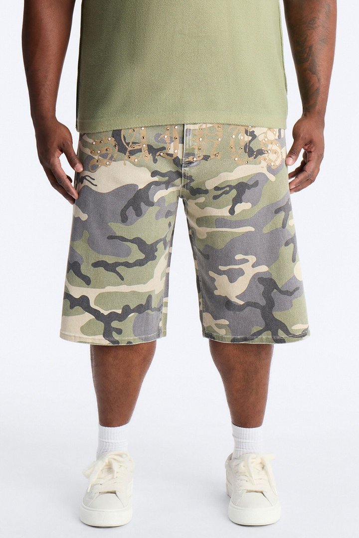 Relaxed Saints Embellished Camo Denim Shorts - Camouflage