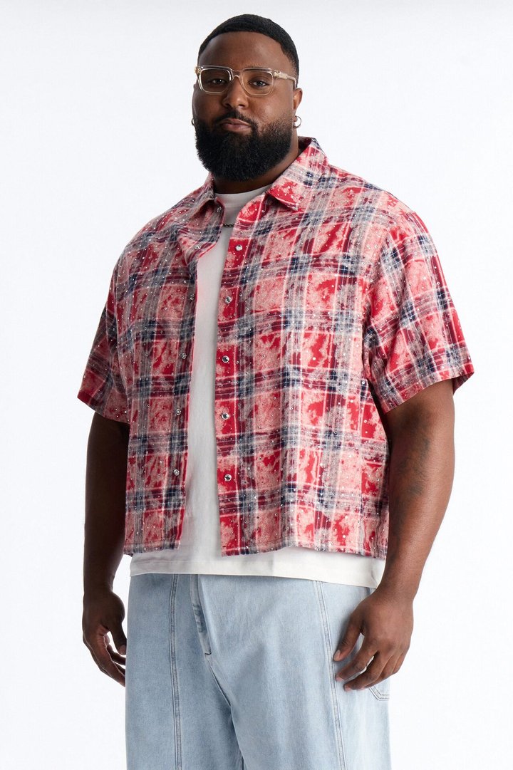 Rhinestone Rain Short Sleeve Plaid Flannel - Red