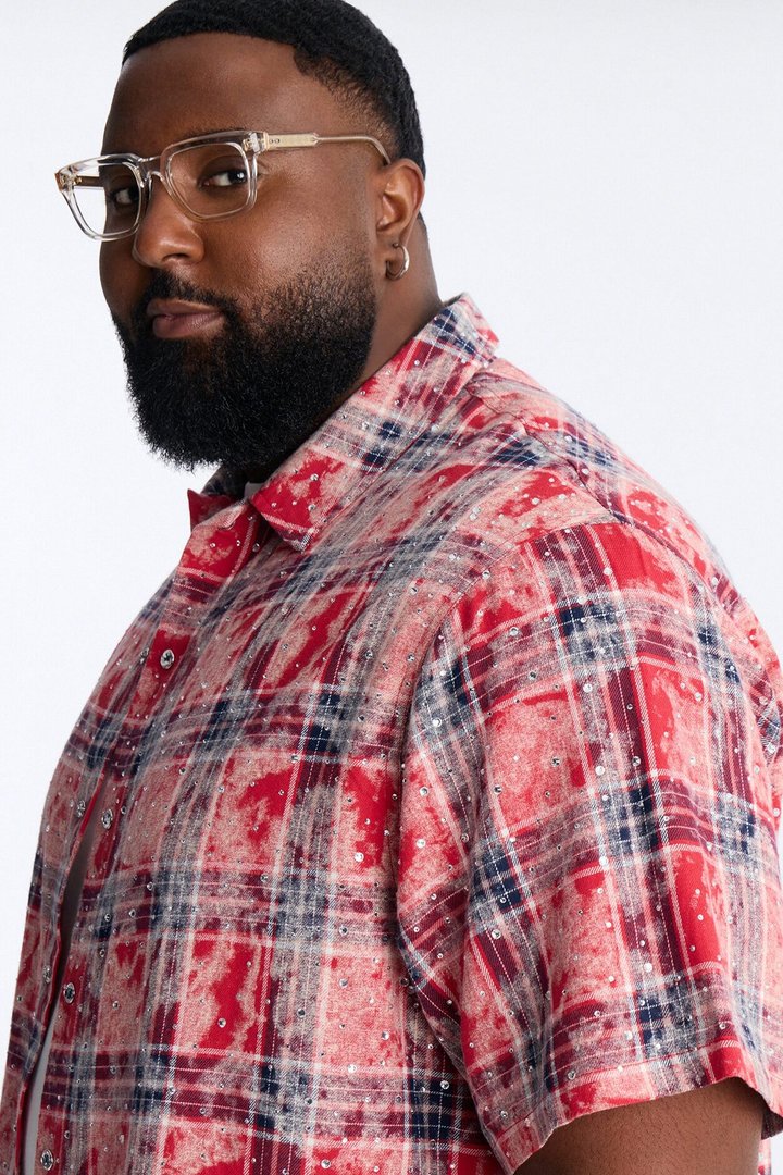 Rhinestone Rain Short Sleeve Plaid Flannel - Red
