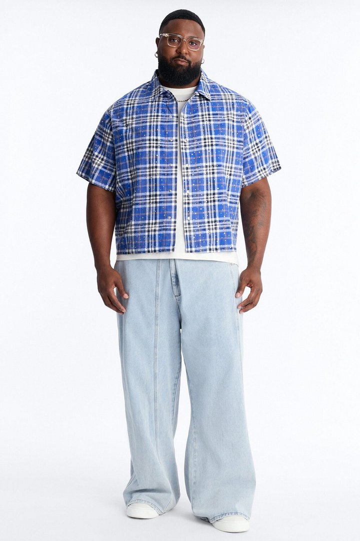 Rhinestone Rain Short Sleeve Plaid Flannel - Royal