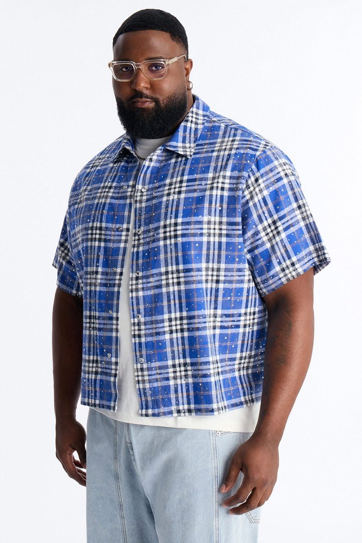 Rhinestone Rain Short Sleeve Plaid Flannel - Royal