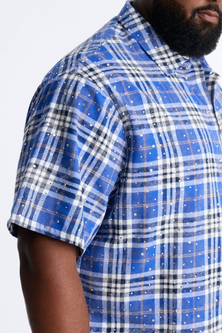 Rhinestone Rain Short Sleeve Plaid Flannel - Royal