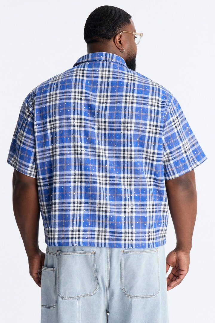 Rhinestone Rain Short Sleeve Plaid Flannel - Royal