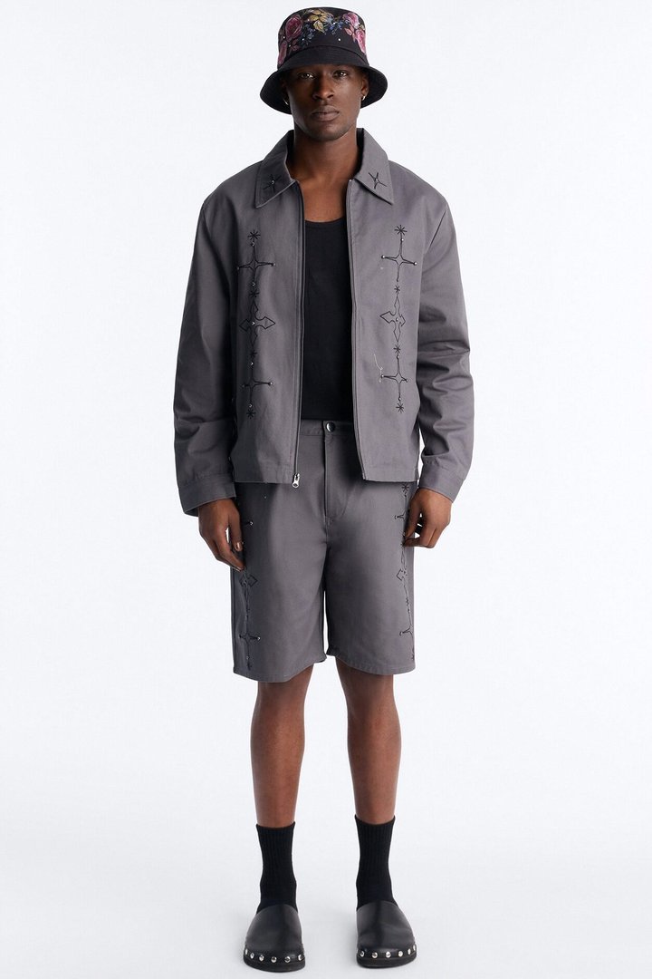 Relaxed Vatican City Stitched Embellished Short - Grey