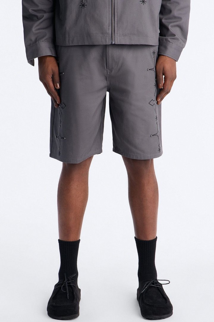 Relaxed Vatican City Stitched Embellished Short - Grey