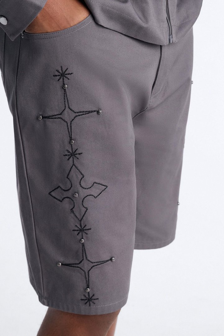 Relaxed Vatican City Stitched Embellished Short - Grey