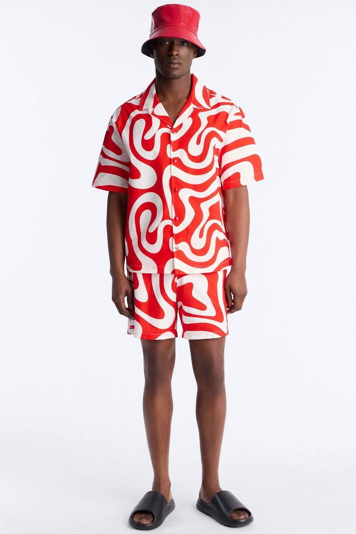 Groovy Abstract Printed Seersucker Swim Trunk 6″ - Red