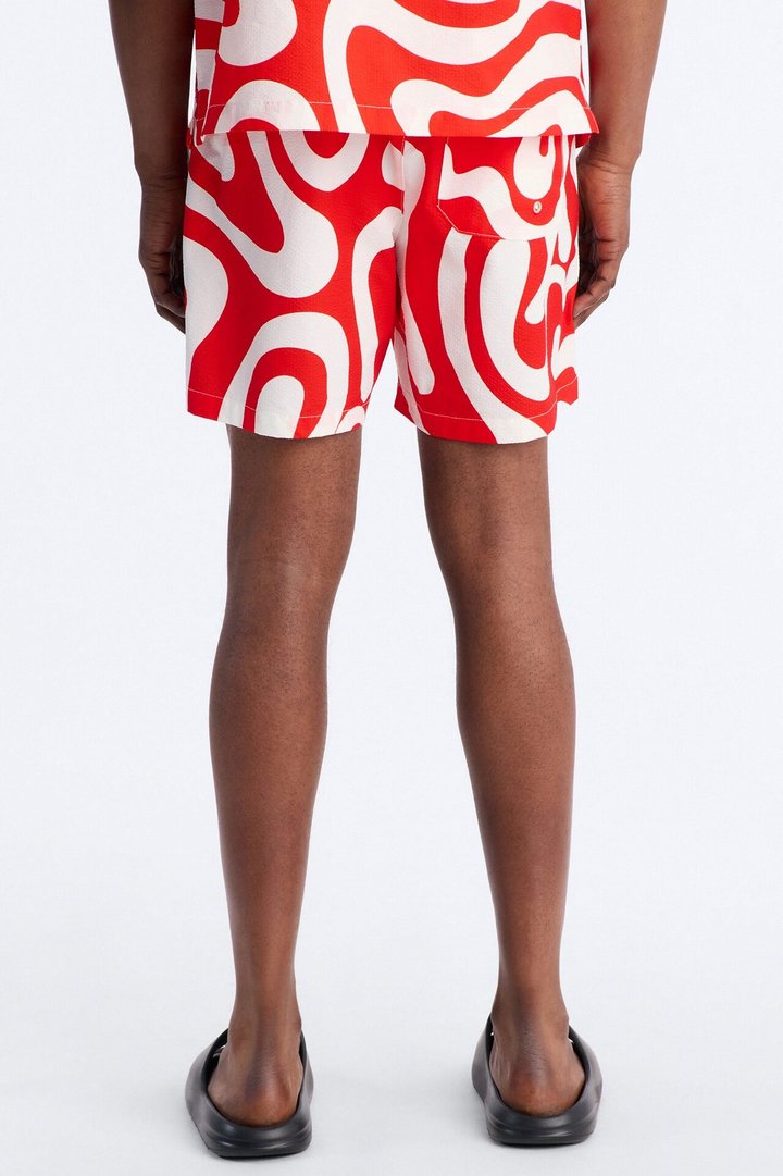 Groovy Abstract Printed Seersucker Swim Trunk 6″ - Red