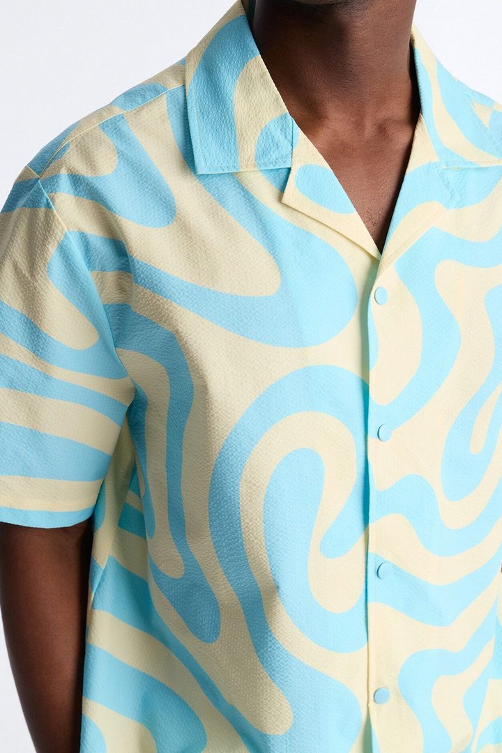 Relaxed Groovy Abstract Printed Seersucker Cuban Collar Button Up Shirt - Blue