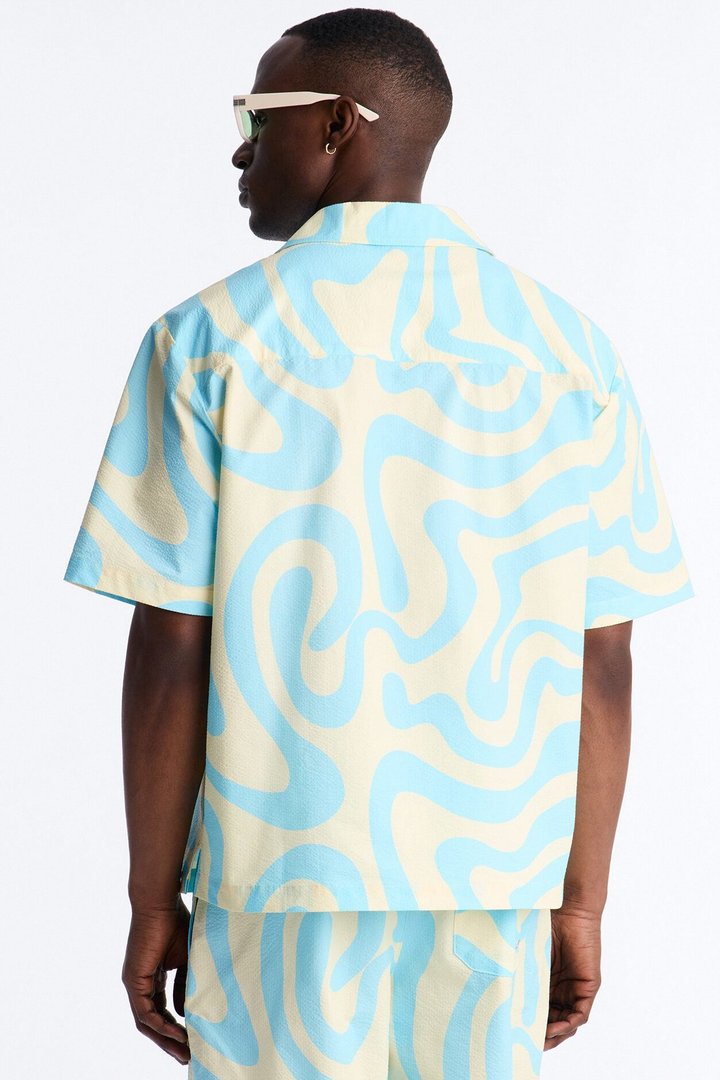 Relaxed Groovy Abstract Printed Seersucker Cuban Collar Button Up Shirt - Blue