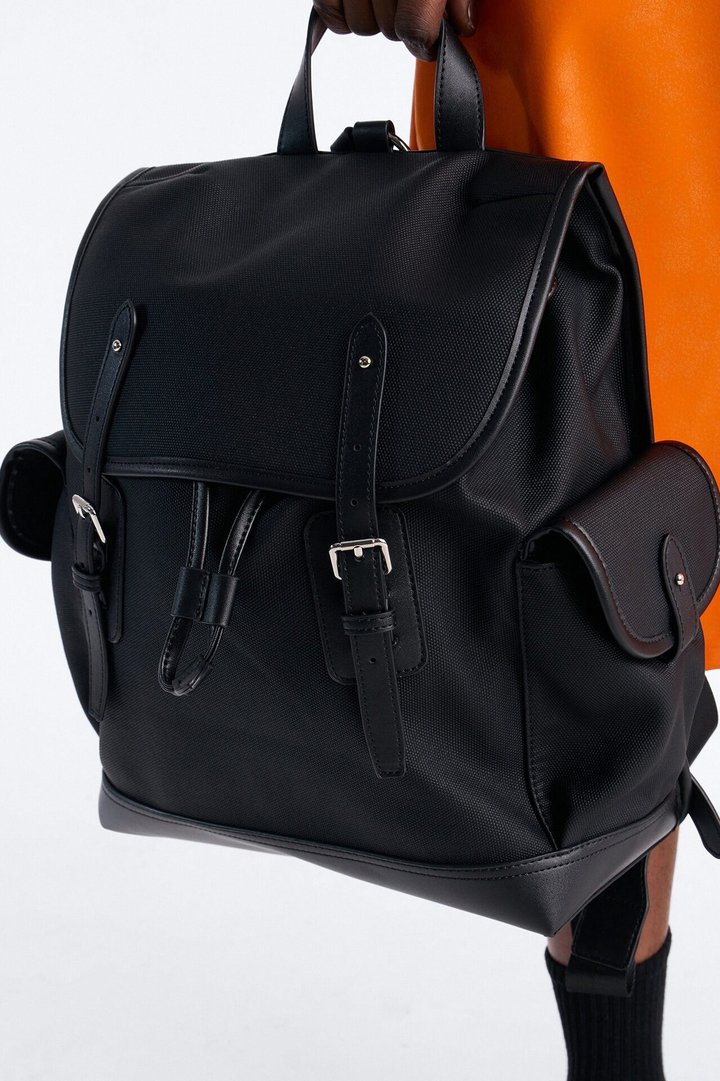 Canvas Dual Buckle Drawstring Backpack - Black