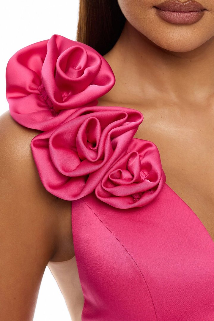 Bed Of Roses Floral Applique Satin Mini Dress - Hot Pink