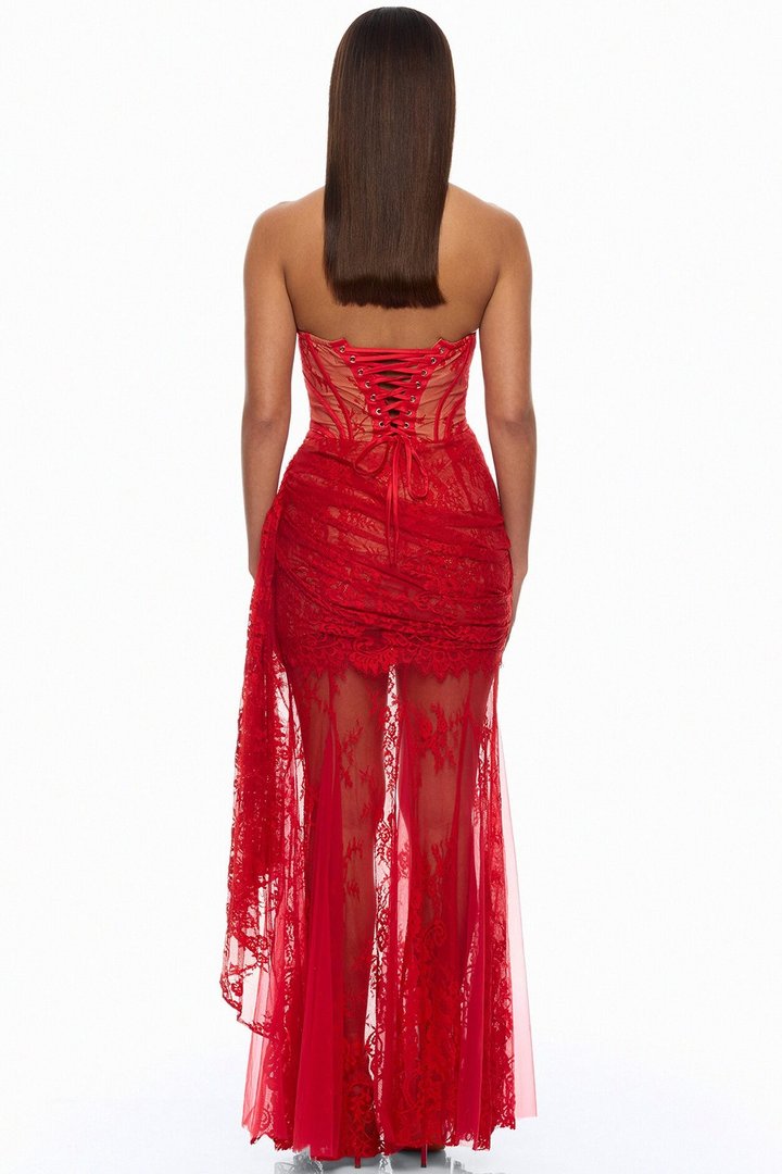 Be Mine Draped Lace Maxi Dress - Red