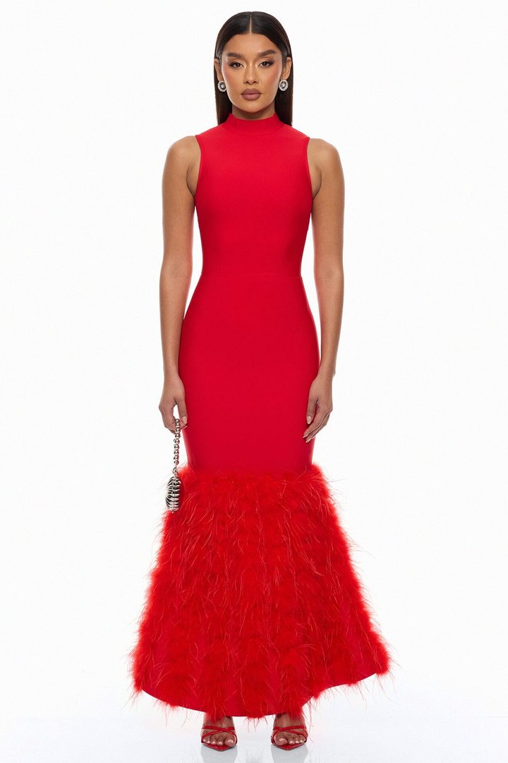 Scarlett Feather Bandage Maxi Dress - Red