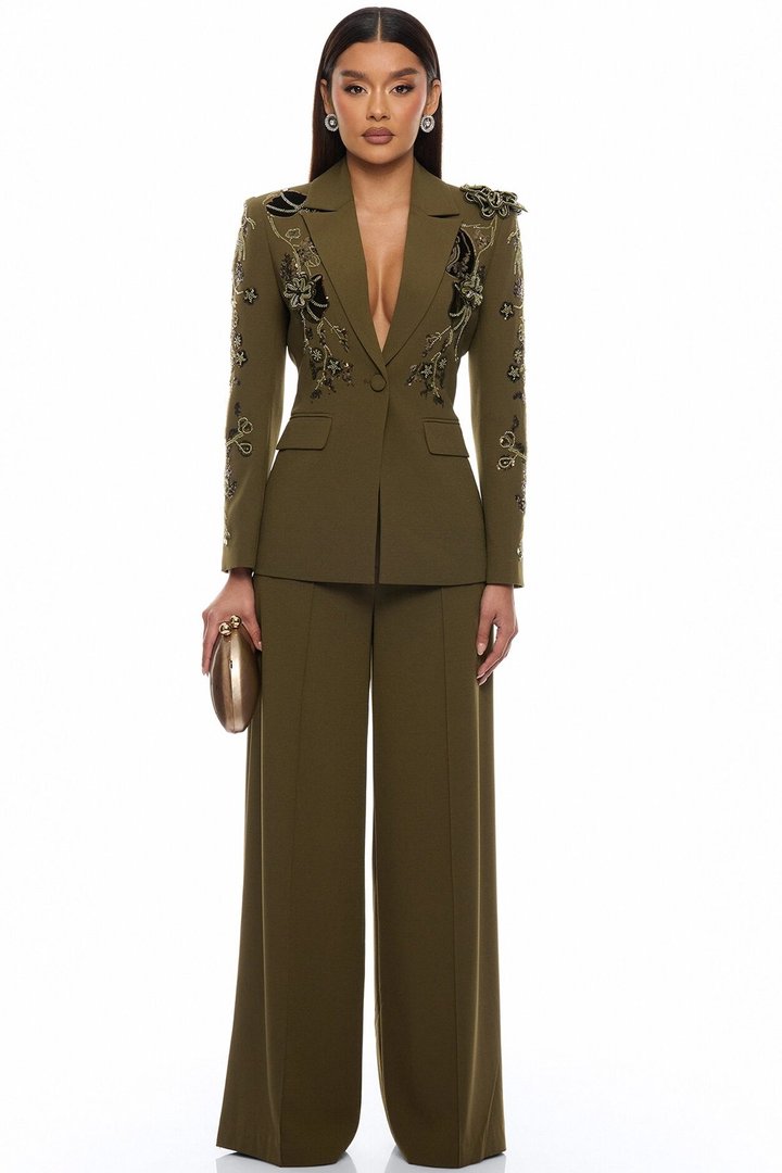Indie Embellished Blazer Pant Set - Olive