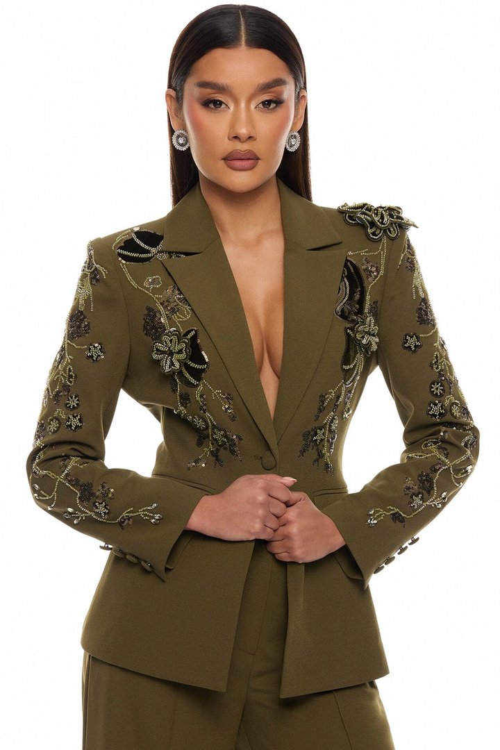 Indie Embellished Blazer Pant Set - Olive