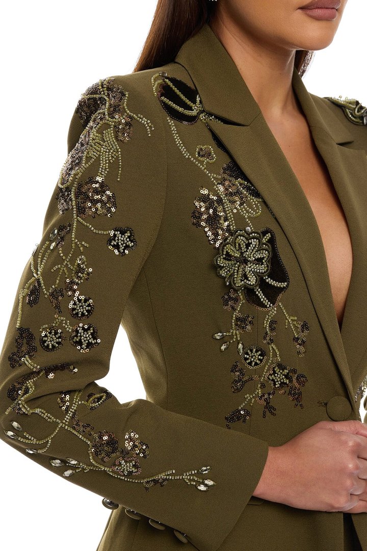 Indie Embellished Blazer Pant Set - Olive