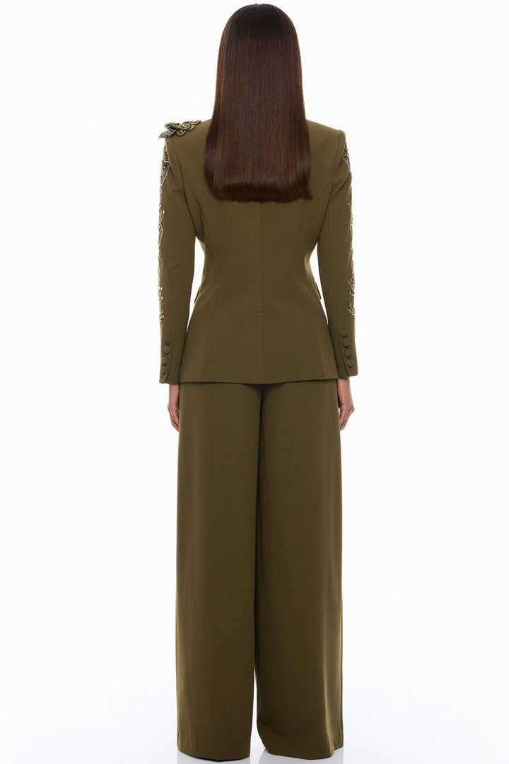 Indie Embellished Blazer Pant Set - Olive
