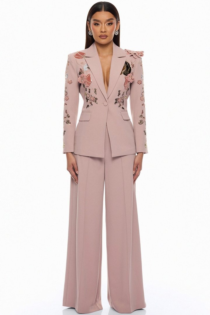 Indie Embellished Blazer Pant Set - Mauve
