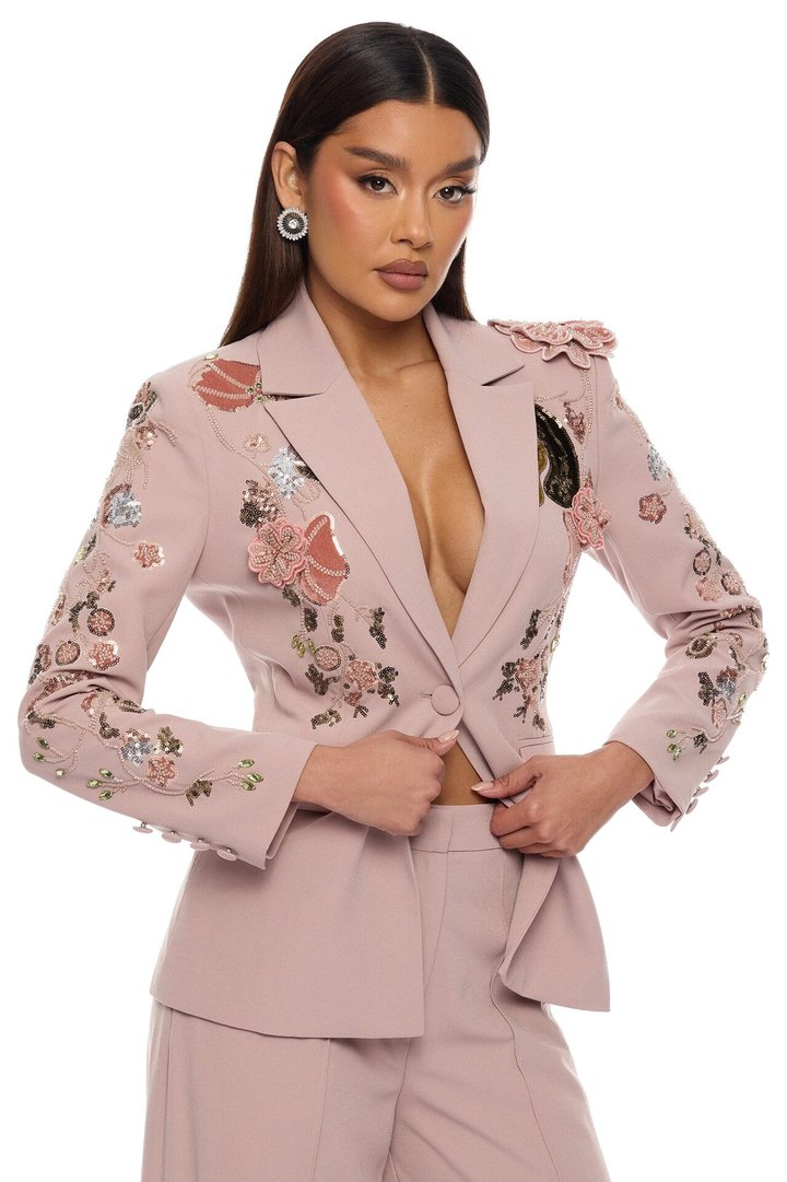 Indie Embellished Blazer Pant Set - Mauve