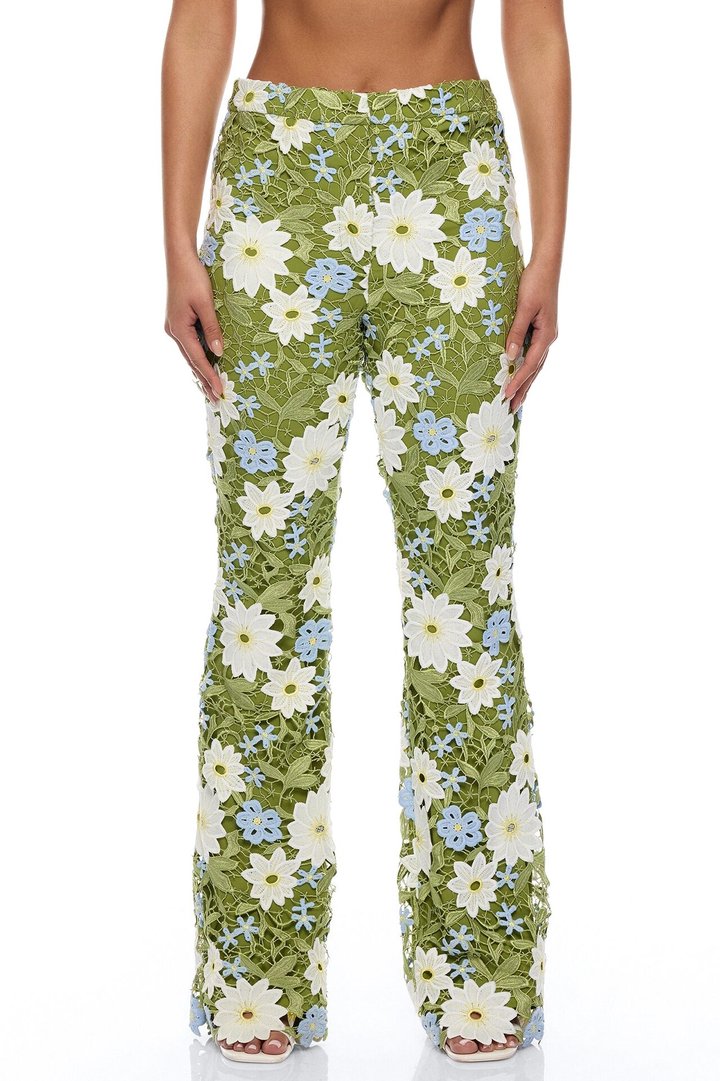 Dani Floral Embroidered Flare Pant - Chartreuse