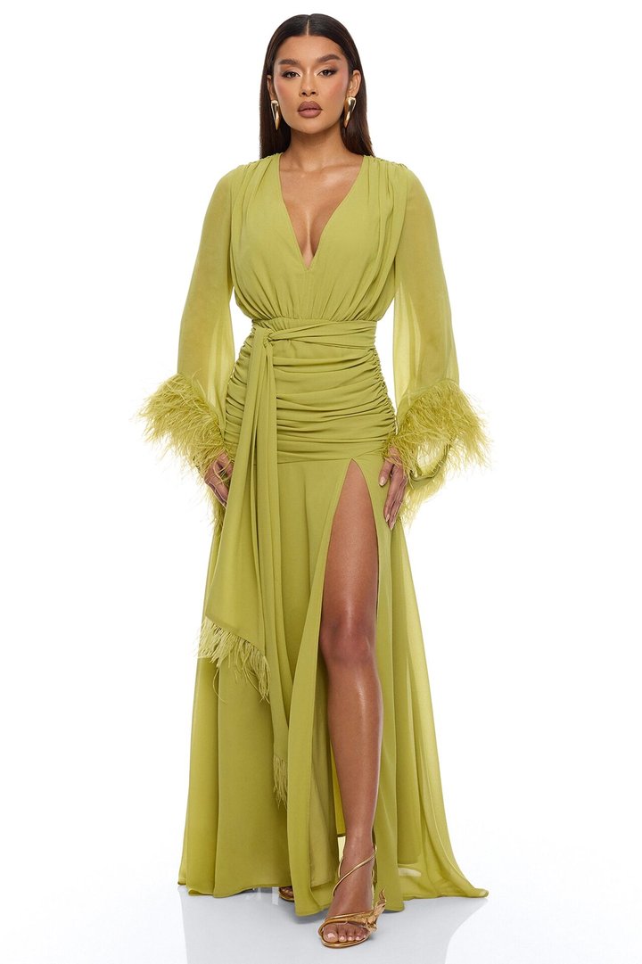 Daisey Feathered Chiffon Maxi Dress - Chartreuse