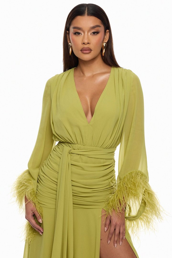 Daisey Feathered Chiffon Maxi Dress - Chartreuse