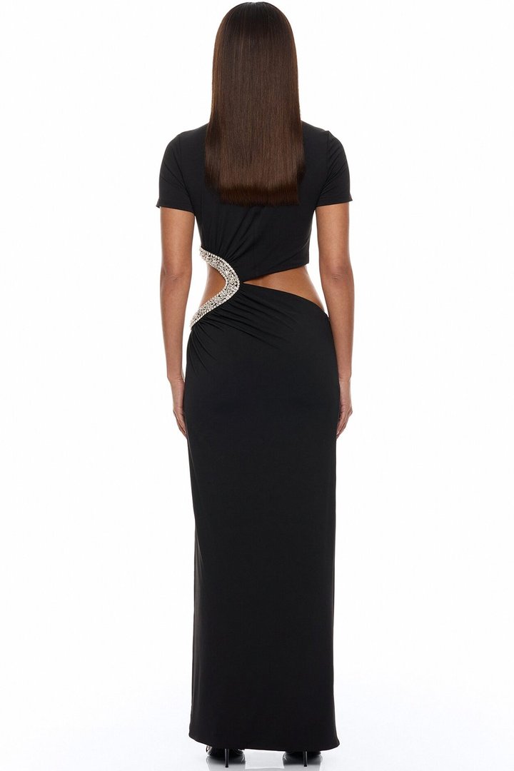 Lola Cut Out Rhinestone Maxi Dress - Black