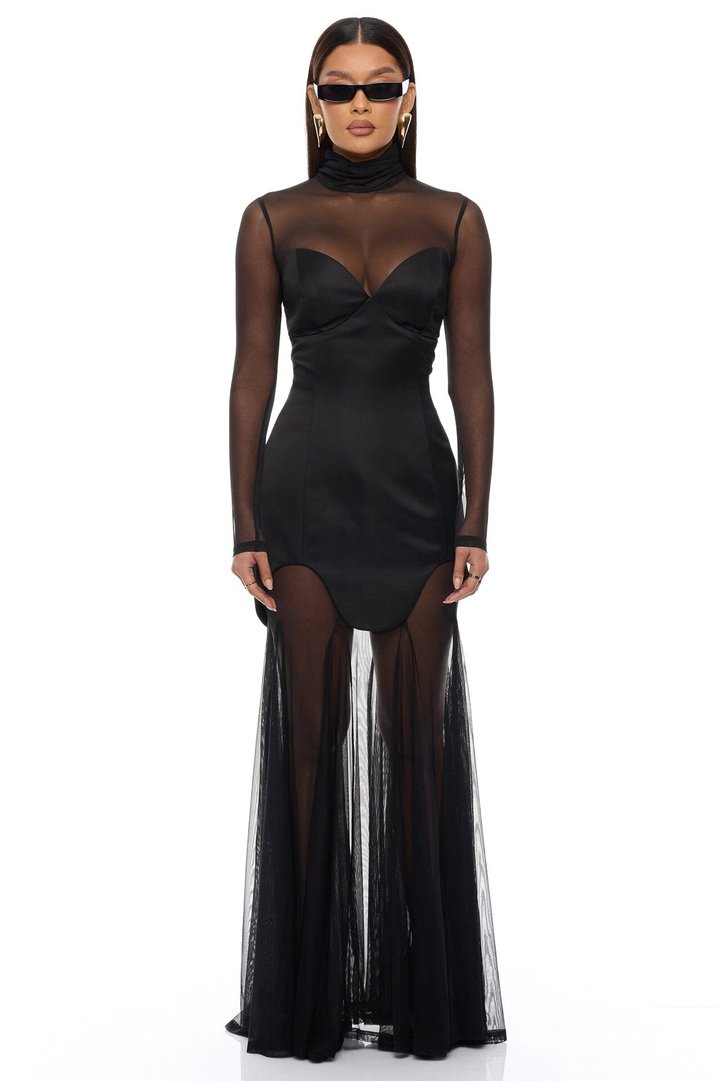 Serene 2 Piece Mesh Maxi Dress Set - Black