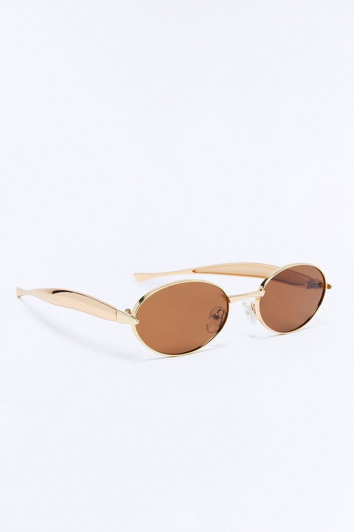 Vintage Oval Polished Metal Sunglasses - Gold/Brown