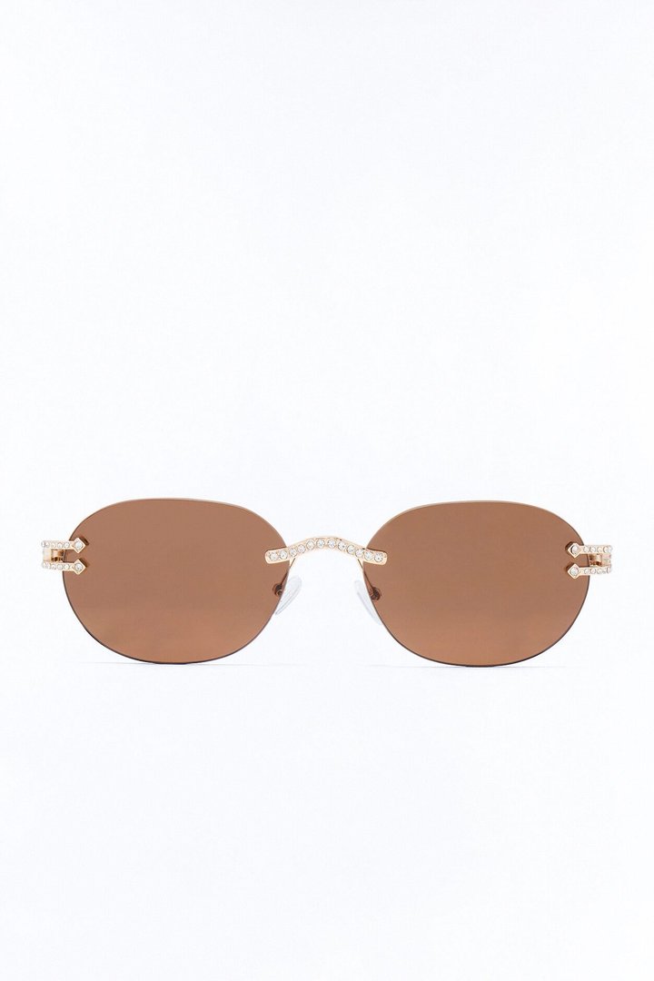Embellished Round Frameless Metal Sunglasses - Gold/Brown