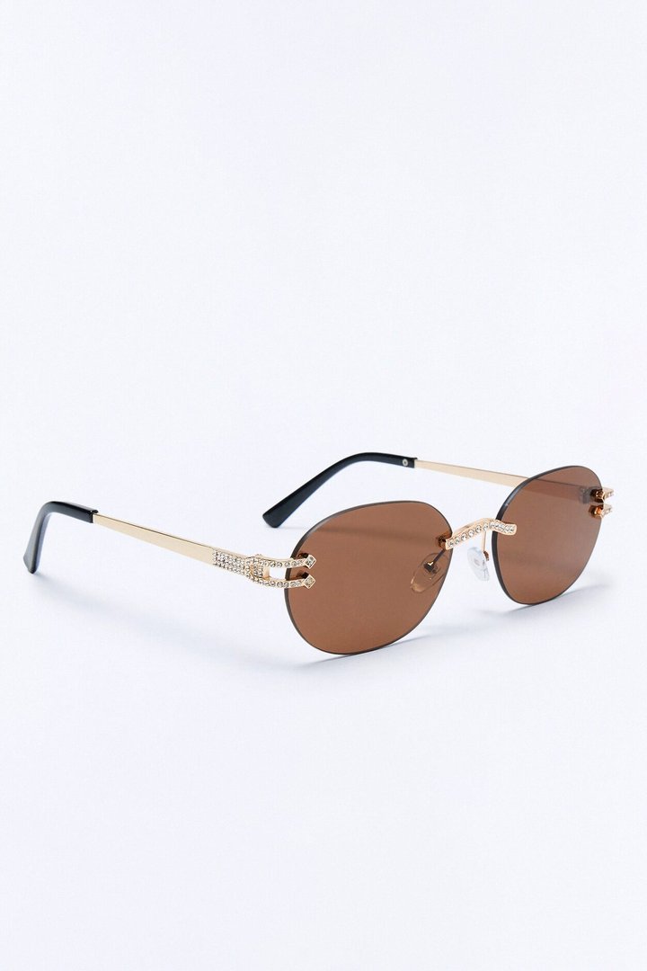 Embellished Round Frameless Metal Sunglasses - Gold/Brown