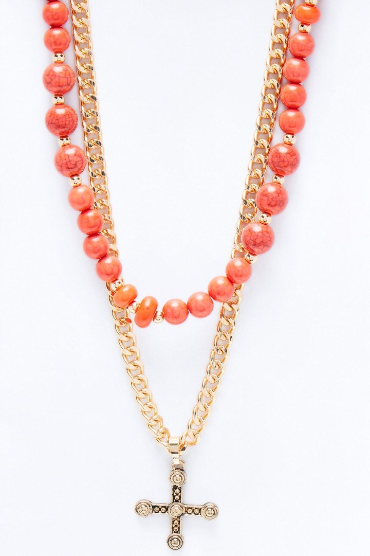 Layered Cuban Cross And Beaded Necklace Set - Gold/combo