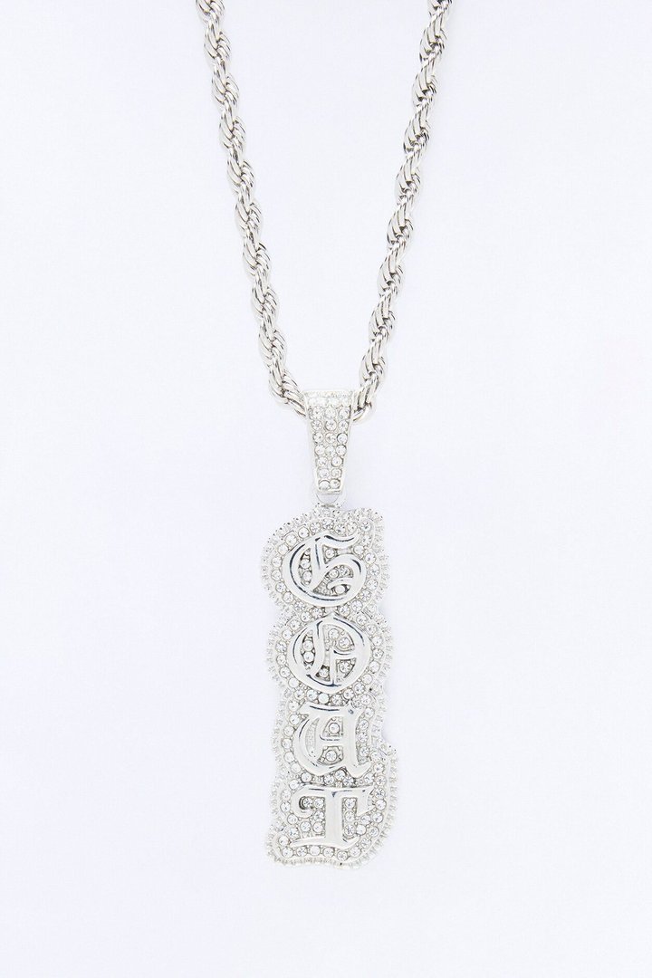 GOAT Script Vertical Iced Pendant Necklace - Silver