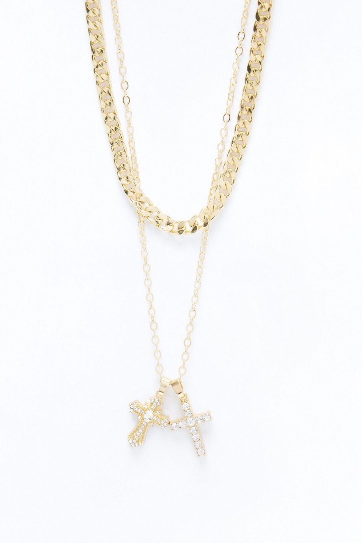 Double Crossed Chain Necklace Set - Gold
