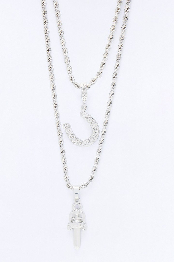 Blade and Luck Necklace Set - Silver