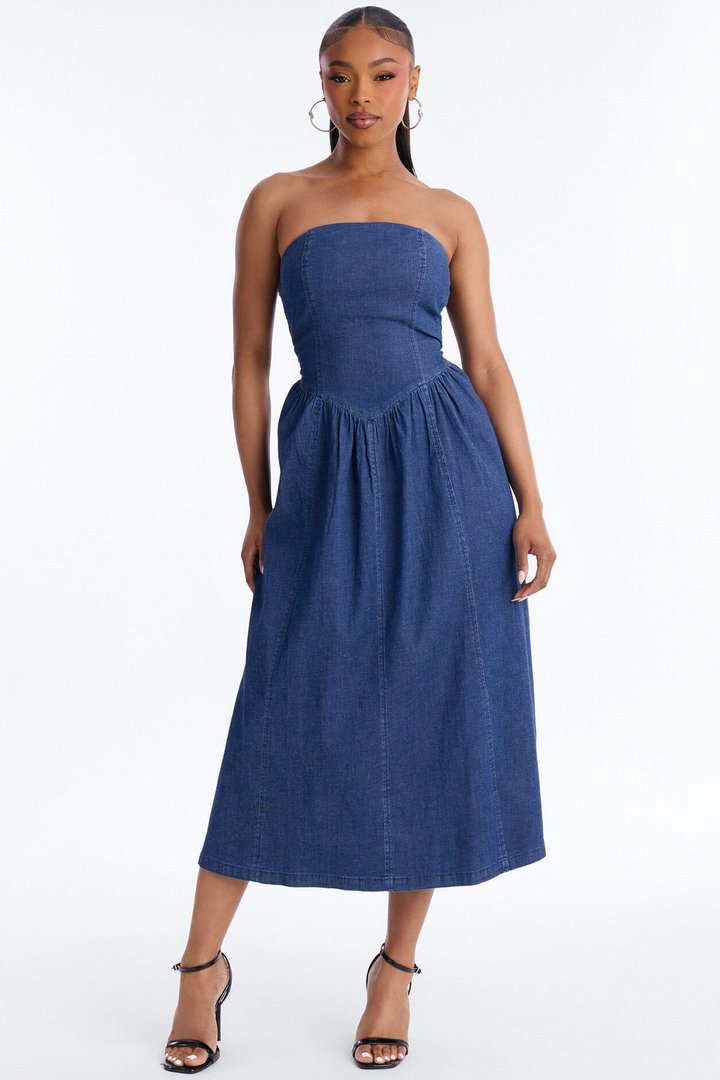 Gwen Strapless Denim Midi Dress - Dark Wash