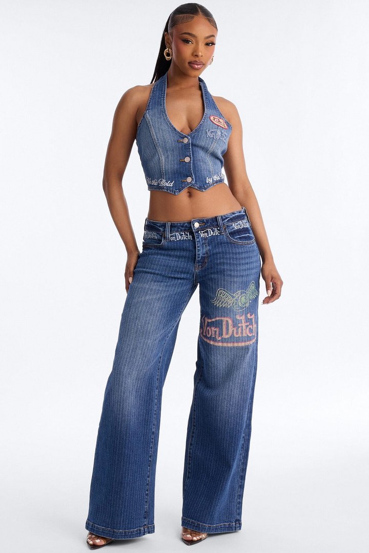 Von Dutch Striped Denim Vest - Medium Wash