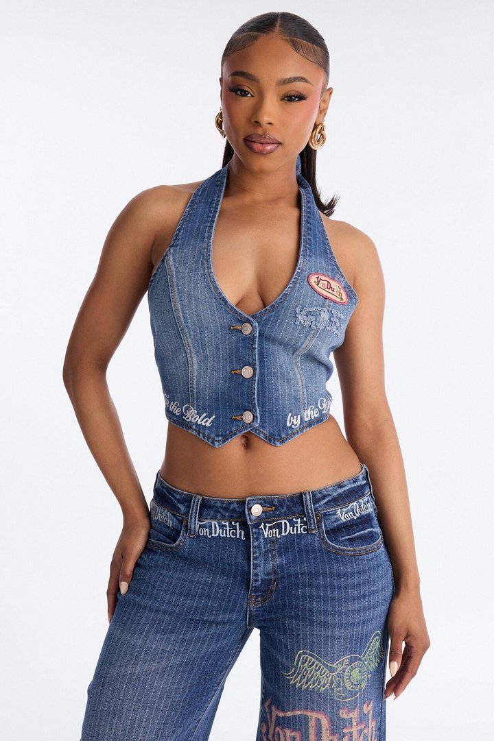 Von Dutch Striped Denim Vest - Medium Wash