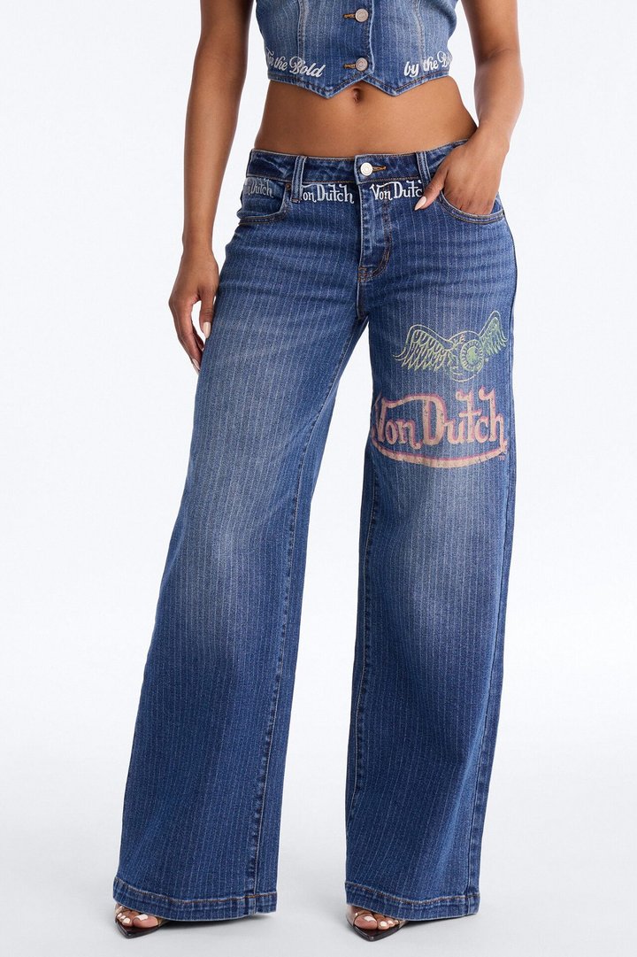 Von Dutch Striped Wide Leg Jeans - Medium Wash