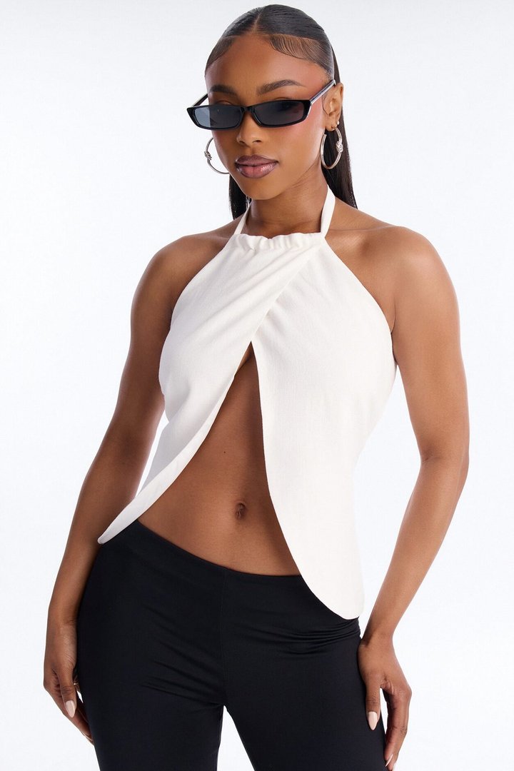 Snack First Wrap Over Linen Halter Top - White