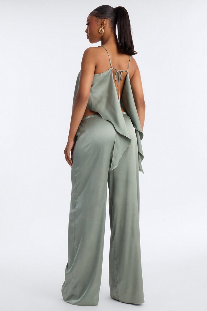 Seraphina Backless Satin Pant Set - Sage
