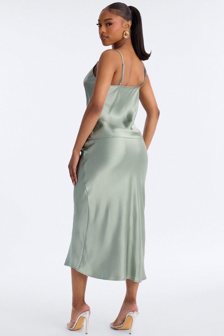 Madison Bias Cut Satin Midi Skirt Set - Sage