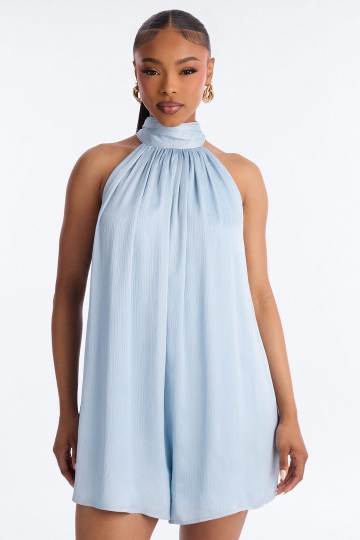 Flora Satin High Neck Romper - Blue