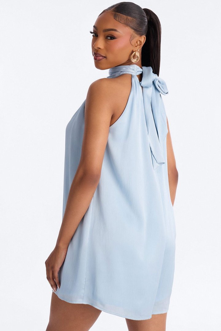 Flora Satin High Neck Romper - Blue