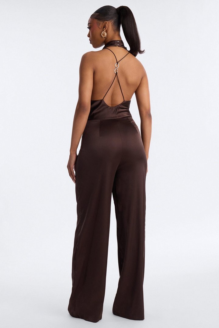 Sofi Satin Halter Jumpsuit - Chocolate