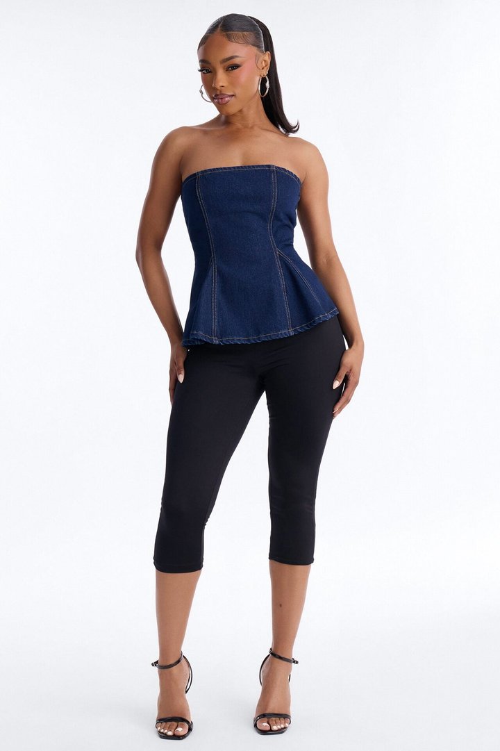 Just A Casual Serve Back Zip Denim Top - Dark Wash