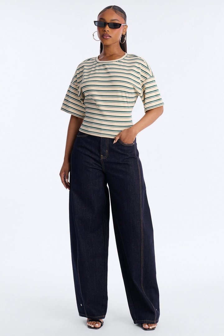 Street Ease Striped Sinched Waist T-Shirt - Cream/combo