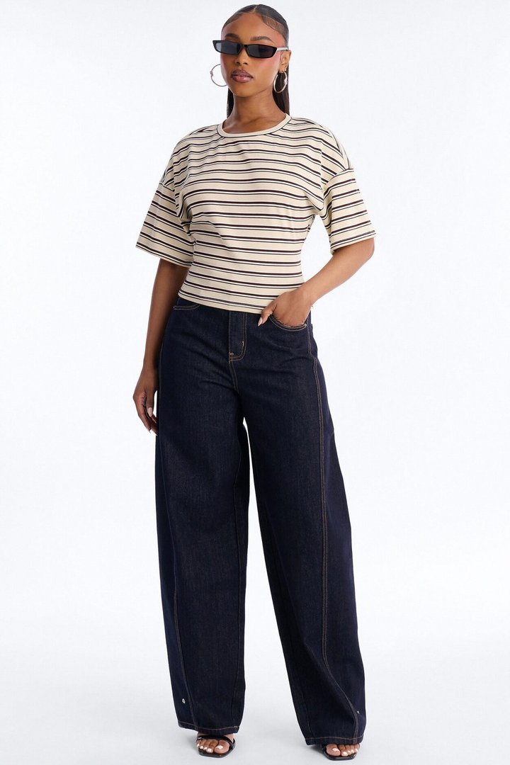 Street Ease Striped Sinched Waist T-Shirt - Brown/combo