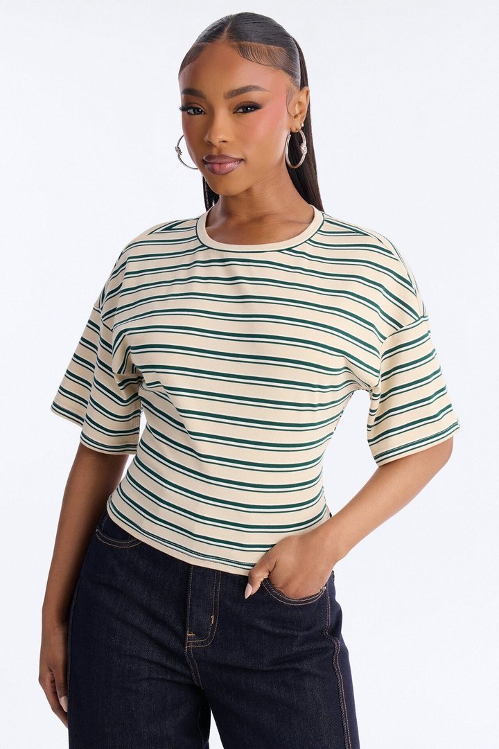 Street Ease Striped Sinched Waist T-Shirt - Cream/combo
